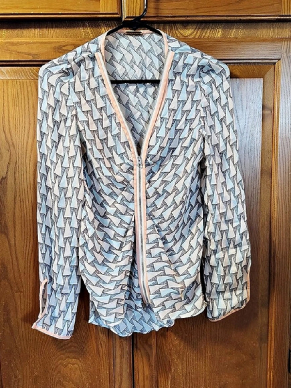 Rebecca Minkoff Longsleeve Sheer Silk Geometric Blouse Blue Pink Zip Up Size 2